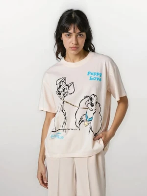Sinsay - Bawełniana koszulka z nadrukiem Lady and the Tramp - kremowy