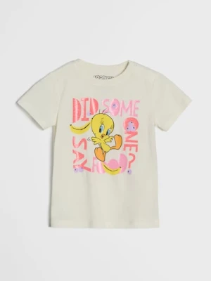 Sinsay - Bawełniana koszulka z nadrukiem Looney Tunes - kremowy