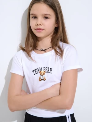 Sinsay - Bawełniana koszulka z nadrukiem misia - kremowy