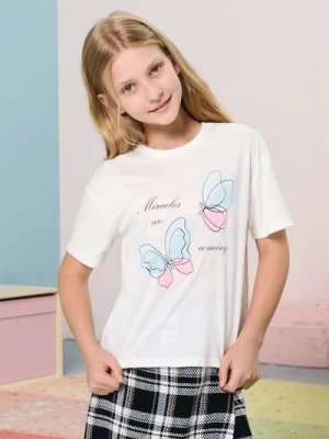 Sinsay - Bawełniana koszulka z nadrukiem motyli - kremowy