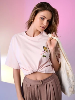 Sinsay - Bawełniana koszulka z nadrukiem motyli - różowy