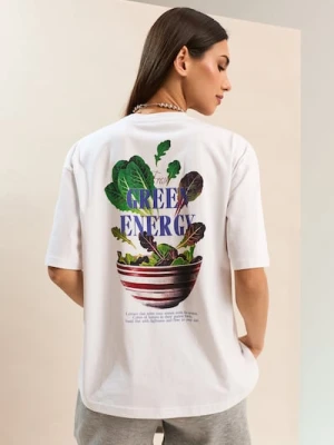 Sinsay - Bawełniana koszulka z nadrukiem na plecach - kremowy