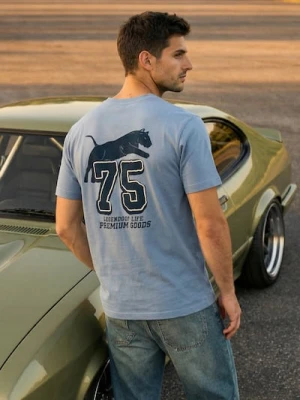 Sinsay - Bawełniana koszulka z nadrukiem na plecach - niebieski