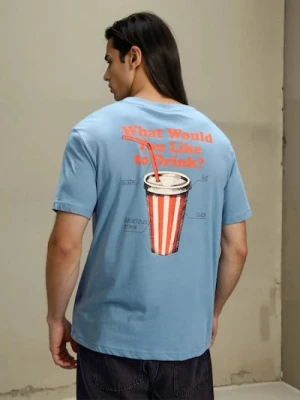 Sinsay - Bawełniana koszulka z nadrukiem na plecach - niebieski