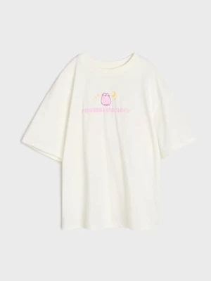 Sinsay - Bawełniana koszulka z nadrukiem na plecach Pusheen the Cat - kremowy