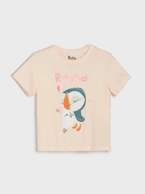 Sinsay - Bawełniana koszulka z nadrukiem Puffin Rock - różowy