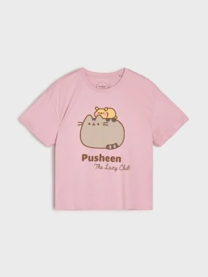 Sinsay - Bawełniana koszulka z nadrukiem Pusheen the Cat - fioletowy