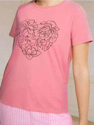 Sinsay - Bawełniana koszulka z nadrukiem - różowy