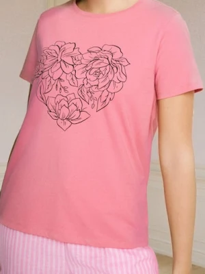 Sinsay - Bawełniana koszulka z nadrukiem - różowy