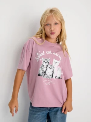 Sinsay - Bawełniana koszulka z nadrukiem - różowy