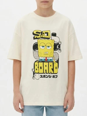 Sinsay - Bawełniana koszulka z nadrukiem SpongeBob SquarePants - kremowy