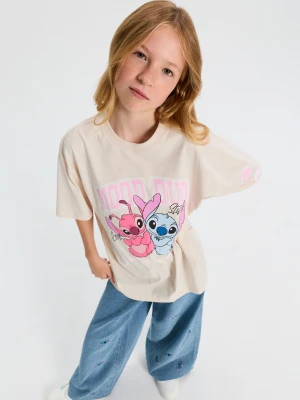 Sinsay - Bawełniana koszulka z nadrukiem Stitch - beżowy
