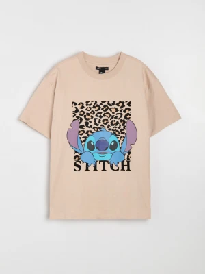 Sinsay - Bawełniana koszulka z nadrukiem Stitch - beżowy