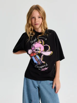 Sinsay - Bawełniana koszulka z nadrukiem Stitch - czarny