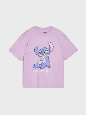 Sinsay - Bawełniana koszulka z nadrukiem Stitch - fioletowy