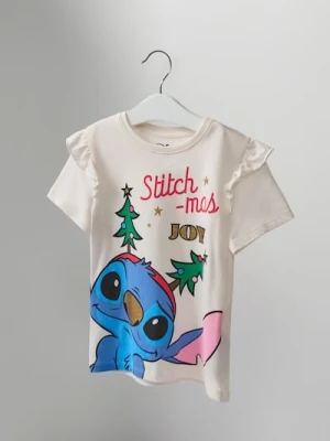 Sinsay - Bawełniana koszulka z nadrukiem Stitch - kremowy