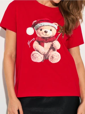 Sinsay - Bawełniana koszulka z nadrukiem świątecznym - czerwony