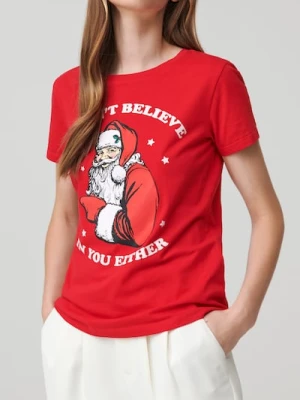 Sinsay - Bawełniana koszulka z nadrukiem świątecznym - czerwony