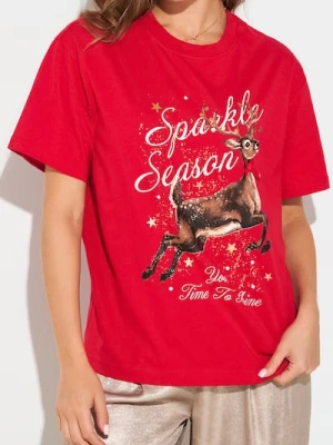 Sinsay - Bawełniana koszulka z nadrukiem świątecznym - czerwony