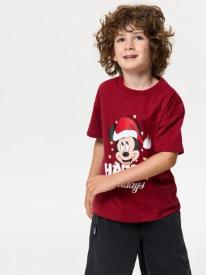 Sinsay - Bawełniana koszulka z nadrukiem świątecznym Mickey Mouse - bordowy