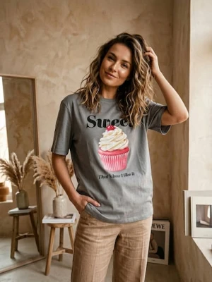 Sinsay - Bawełniana koszulka z nadrukiem - szary