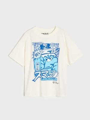 Sinsay - Bawełniana koszulka z nadrukiem The Smurfs - kremowy