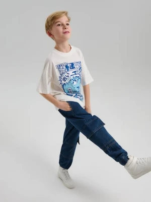 Sinsay - Bawełniana koszulka z nadrukiem The Smurfs - kremowy