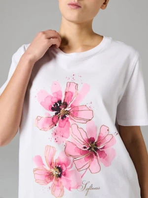 Sinsay - Bawełniana koszulka z nadrukiem w kwiaty - kremowy