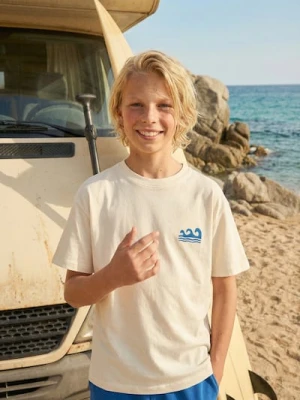 Sinsay - Bawełniana koszulka z nadrukiem wakacyjnym - kremowy