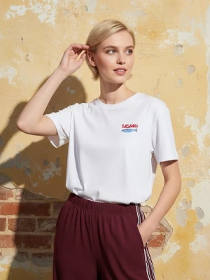 Sinsay - Bawełniana koszulka z nadrukiem wakacyjnym Lisbon - biały