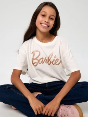 Sinsay - Bawełniana koszulka z napisem Barbie - kremowy