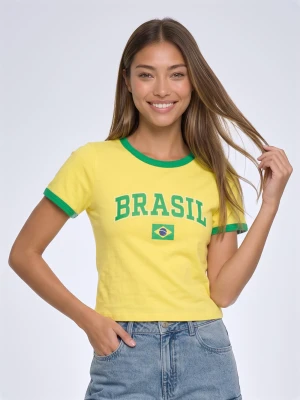 Sinsay - Bawełniana koszulka z napisem BRASIL - żółty
