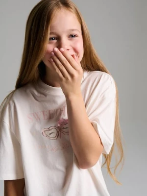 Sinsay - Bawełniana koszulka z napisem - kremowy