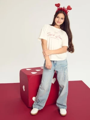 Sinsay - Bawełniana koszulka z napisem - kremowy