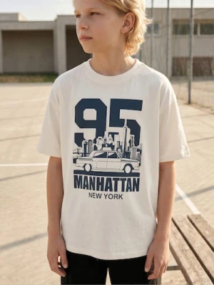 Zdjęcie produktu Sinsay - Bawełniana koszulka z napisem Manhattan - kremowy