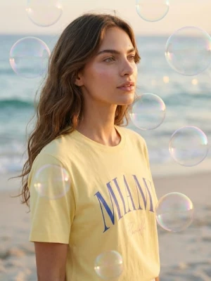 Sinsay - Bawełniana koszulka z napisem Miami - yellow jeans