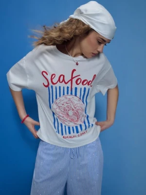 Zdjęcie produktu Sinsay - Bawełniana koszulka z napisem Seafood - biały