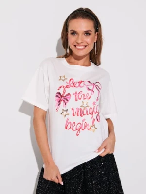 Sinsay - Bawełniana koszulka z napisem świątecznym - kremowy