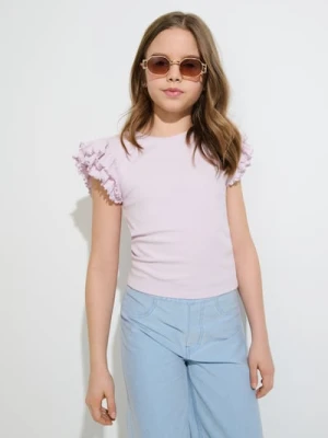 Sinsay - Bawełniana koszulka z ozdobną falbanką - fioletowy