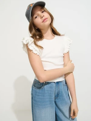 Sinsay - Bawełniana koszulka z ozdobną falbanką - kremowy