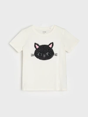 Sinsay - Bawełniana koszulka z ozdobnymi cekinami - kremowy