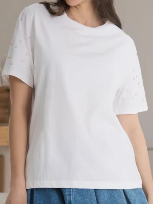 Sinsay - Bawełniana koszulka z ozdobnymi kryształkami - biały