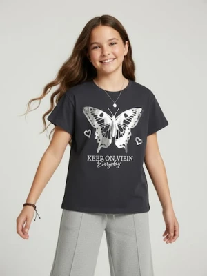 Sinsay - Bawełniana koszulka z połyskującym nadrukiem - szary