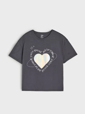 Sinsay - Bawełniana koszulka z połyskującymi elementami - szary