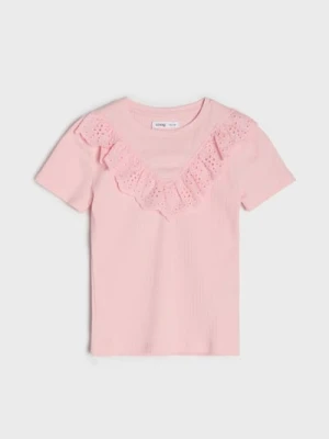 Sinsay - Bawełniana koszulka z prążkowanej dzianiny - różowy