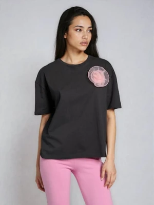 Sinsay - Bawełniana koszulka z tiulową aplikacją - szary