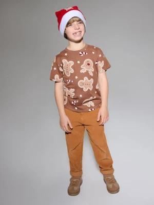 Sinsay - Bawełniana koszulka ze wzorem świątecznym - brązowy