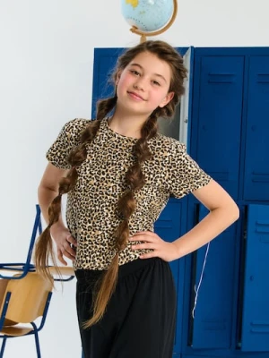 Sinsay - Bawełniana koszulka ze wzorkiem panterki - kremowy