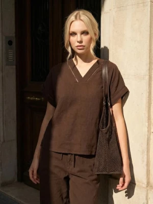 Sinsay - Bawełniana koszulowa bluzka z ażurowymi wstawkami - brązowy