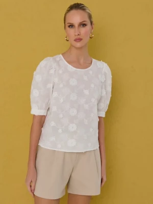 Sinsay - Bawełniana koszulowa bluzka z haftowanymi kwiatami - biały